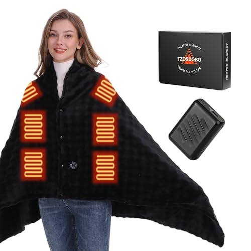 TZOSDOBO Cordless Heated Blanket, Battery Operated Heating Blanket with 20000mAh Rechargeable Power Bank, Portable Heated Throw Blanket, 59'x 35.5' Electric Heated Shawl, 3 Fast-heating Levels (Black)