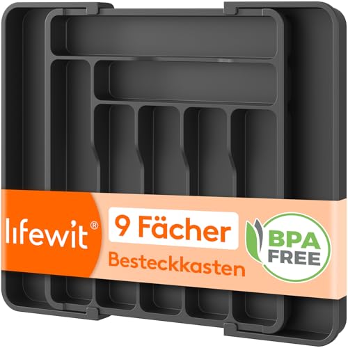 Lifewit Besteckkasten für Schubladen, verstellbarer Besteckeinsatz Tiefe 35 cm, 7-9 Fächer Kunststoff Organizer Küche, erweiterbar bis 48 cm, für Löffel, Gabeln und Geschirr, Schwarz