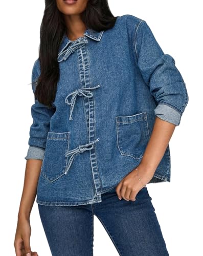 Womens Tie Front Jean Jacket Lightweight Casual Loose Long Sleeve Denim Shacket Coat with Pockets2