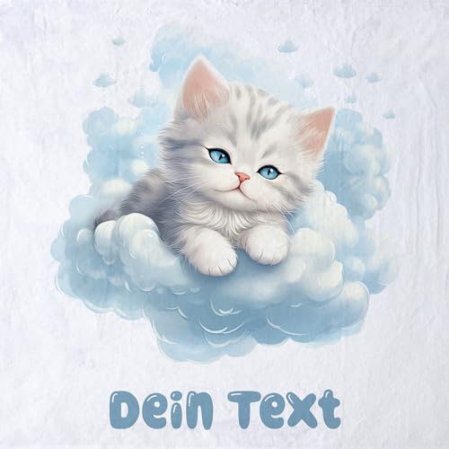 GRAZDesign Babydecke mit Namen personalisiert kleine Katze auf Wolke blau flauschig, Baby Kuscheldecke zur Geburt, Geburtstag, Weihnachten 100x75cm - Fleecedecke