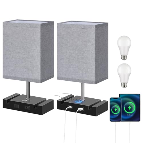 OUTON Bedside Table Lamp with 2 USB Charging Ports and Phone Stands, Touch Control Dimmable Bedside Lamps with Grey Lampshade for Bedroom Living Room, 9W 2700K LED Bulb Included