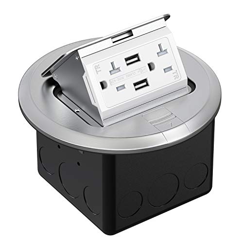 WEBANG Round Pop Up Floor Outlet Covers Box with 20 Amp Stainless Steel USB TR Receptacle Outlet, Silver
