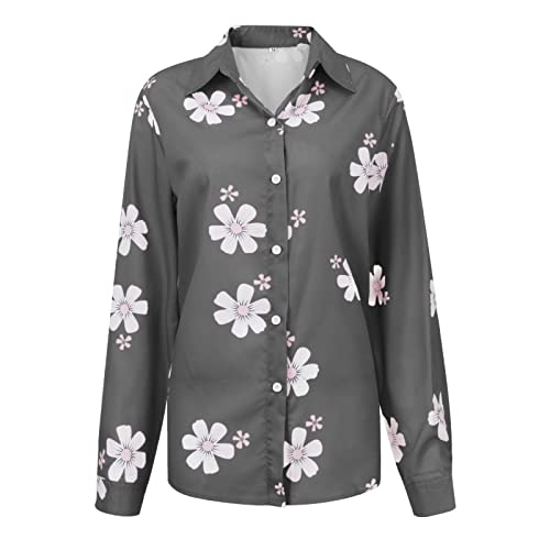 Ekousn Womens Long Sleeve Tops,Autumn Soft Roll Over Flower Print Tees T Shirts Fashion Button Full Sleeve Tanks Blouses Blouses & Button-Down Shirts Fall Tops For Women(Medium,A-Gray) #TOP13