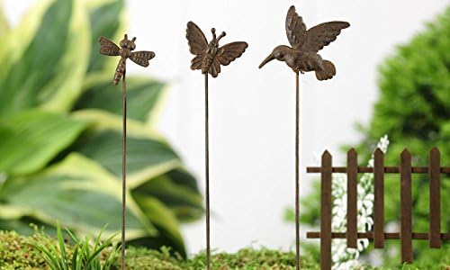Giftcraft Mini World Iron Miniature 7.5" Assorted Wildlife Garden Picks - Dragonfly, Hummingbird, and Butterfly