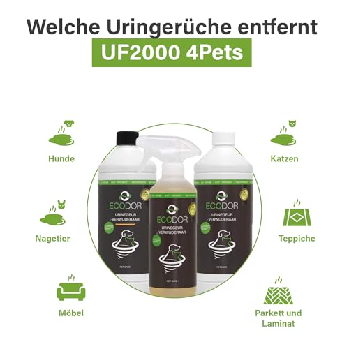 Ecodor UF2000 4Pets Uringeruch Entferner 500ml | 100% Biologischer Urin-Geruchsentferner für Katzen und Hunde Uringeruch | Parfümfrei, Effektiv für Haustiere | Anwendbar auf Holz, Beton, Textilien