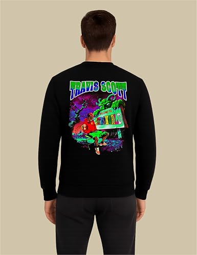 Image of I-Drip Travis Scott Sweatshirt Crew Neck Full Sleeve Regular Fit Unisex 340 GSM Black Cotton Fleece for Winters Anime Streetwear Astroworld Graphics Front, Back Printed