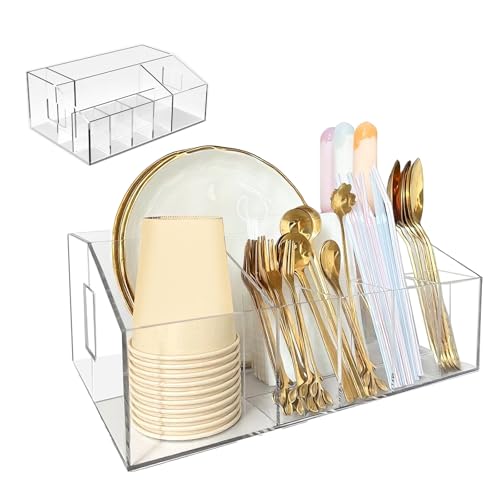 Utensil Holder for Party, Plastic Silverware Holder and Acrylic Cutlery Organizer for Paper Plates, Napkins, Cups, and Silverware - Countertop Caddy for Camping, Picnic, Buffet, Table Entertaining