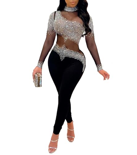 Image of Jigfar Women Sexy Hot Drilling Long Sleeve Bodycon Jumpsuit Mesh See Through Rhinestone Party Club Night Outfits(FK9126,Black,XXL)