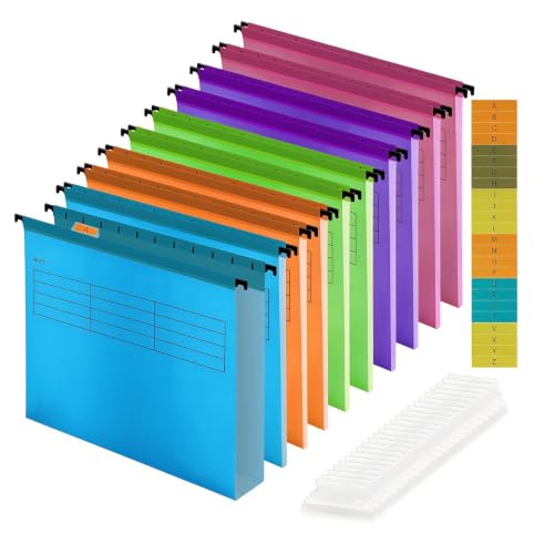 Image of A4 Suspension File, Polypropylene Filing Cabinet Suspension Files with Tabs and Card Inserts A4 Hanging Filing Folders for Office Organization Home Work (10)