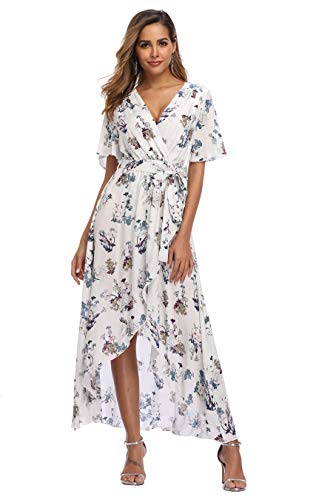 VintageClothing Women's Wrap V Neck Floral Summer Dresses with Sleeve High Low Maxi Casual Flowy Beach Party Dress, M