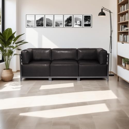 Image of Howard Elliott Collection Axis 4-Piece Modular Sectional Sofa with Cover, Convertible Cushioned Sofa with Wide Chaise for Indoor and Outdoor Use, Living Room or Office, Titanium Frame, Avanti Black