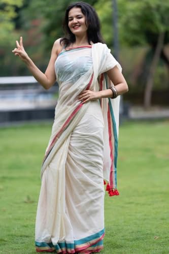 Image of Sudip callection Handloom Mul Cotton Saree for Women - Bottle Green with Pink Border Golden Zari Line & Tassel Pallu