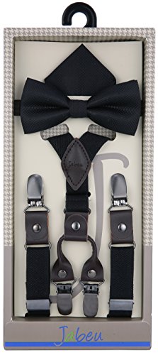 Jabeu Elastic ¾ Inch Skinny Fashion Suspenders Features Genuine Leather Tips, with Polyester Design Pocket Square and Pre-Tied Bow Tie Gift Set, Unisex. Men Boys Girls and Toddlers
