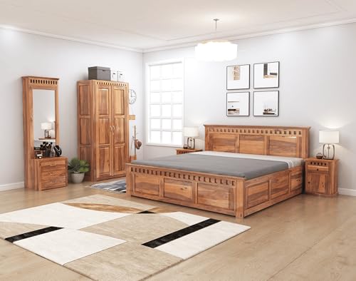 Image of SONA ART & CRAFTS Kuber Solid Sheesham Wood Bedroom Set | Queen Size Bed with Box Storage, Wardrobe, Dressing Table & Two Bedside Tables - Natural Finish (Assembly Included)