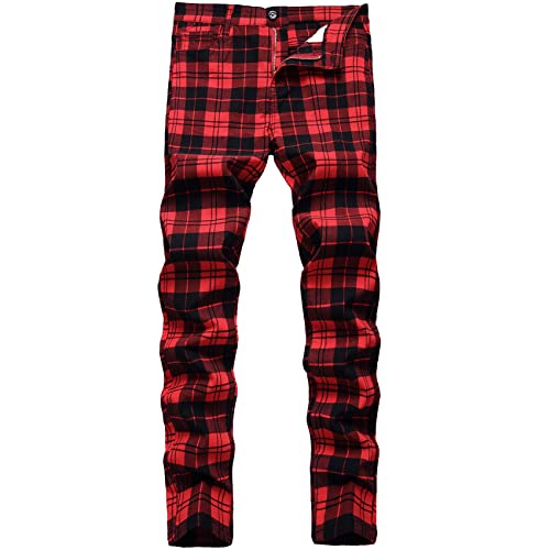 Keevoom Pantalones Chinos para hombre, elásticos, ajustados, con parte delantera, casual, ajustado, para negocios, pantalones a cuadros, para hombre, Escocés rojo, 54