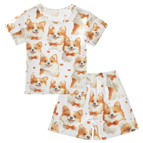 ALAZA Dog with Bow Tie Heart Pajamas Set Short Sleeve Cotton Sleepwear Summer Pjs 2 Piece 5-14Y