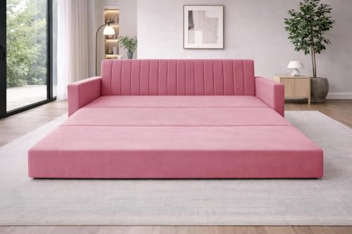 Image of Rosebell Foldable Sofa-Cums-Bed | 3-in-One Convertible Couch with Armrest | Modern Fabric Sofa for Living Room, Bedroom & Office-Rose Pink-Color