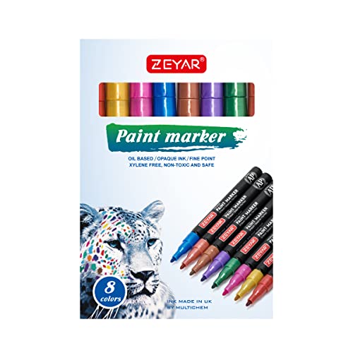 ZEYAR Oil-Based Paint Markers, 8 Metallic Colors. Painting on Rock, Wood, Glass, Metal, Ceramic and more (8 Metallic Colors Fine Point)