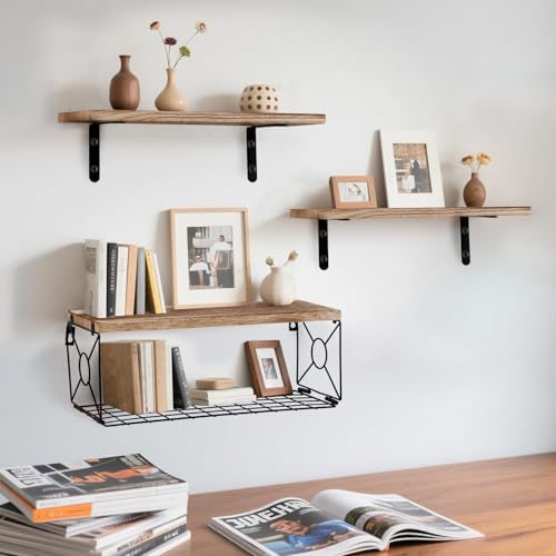 Étagère en bois avec panier de rangement design flottant marron - 3