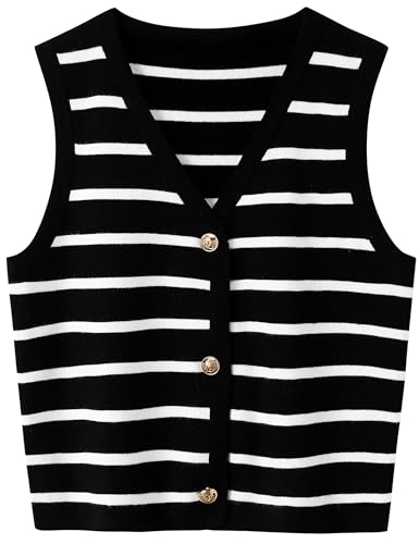 Women's Sleeveless Striped Sweater Vest Cropped Button Down Knit Vest Tops 2025 Trendy Outfits