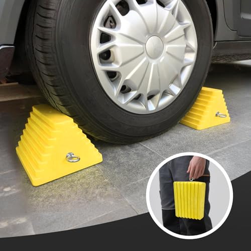 Image of HOXWELL Premium 4 pcs Heavy Duty Wheel Tire Chocks, Vehicle Chocks with Eyebolt for Travel Trailers, Camper, Truck, Car and ATV 4 Pack, Yellow