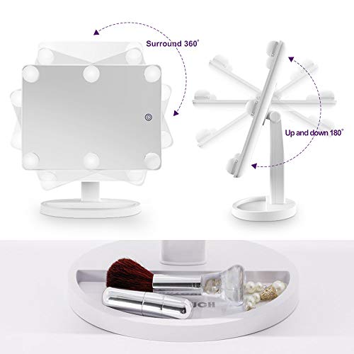Hollywood Makeup Vanity Mirror with Lights Bedroom Lighted Standing Mirror with Dimmer, Screen Touch Control 360° Rotation Tabletop Cosmetic Mirror (White) - Thumbnail 3
