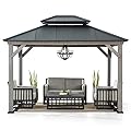 SUNJOY 10 x 12 ft. Wood Gazebo, Outdoor Patio Steel Hardtop Gazebo, Cedar Framed Wooden Gazebo with 2-Tier Metal Roof, Suitable for Patios, Lawn and Backyard, Matte Black Roof + Gray Wood Frame