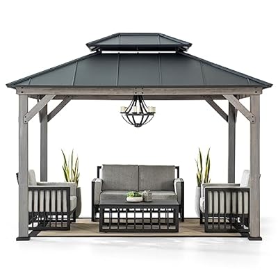 SUNJOY 10 x 12 ft. Wood Gazebo, Outdoor Patio Steel Hardtop Gazebo, Cedar Framed Wooden Gazebo with 2-Tier Metal Roof, Suitable for Patios, Lawn and Backyard, Matte Black Roof + Gray Wood Frame
