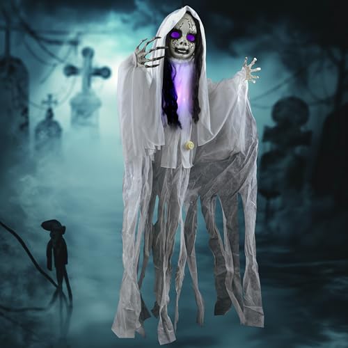JOYIN 43″ Outdoor Halloween Decoration, Scary Girl Hanging Ghost Decor Sound Activated with Light-up Head for Yard, Patio, Haunted House Lawn Garden
