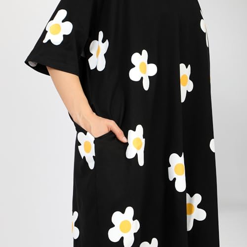 Image of LAMA STORE Women's Printed Oversized T-Shirt Dress, Cotton, 3 /4 Sleeve Length, Casual Loose Fit, Comfort Wear Extra Comfy Oversized Printed Pocket T-Shirt Dress