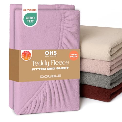 Brentfords 2 Pack Double Fitted Sheet, Teddy Fleece Fitted Sheet Bed Cover Deep Pocket 25cm Fluffy Bedding Fade Resistant Cuddly Cosy Teddy Bear Bedding, Lilac - Double
