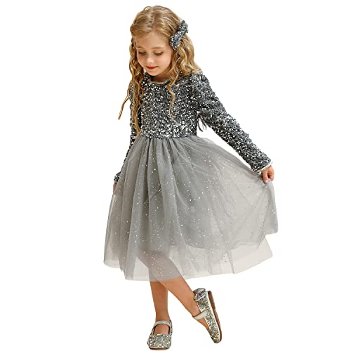 Ttyaovo Girls Sequins Long Sleeve Princess Party Dress Size 130 (5-6 Years) 1908 Grey-A #TOP1