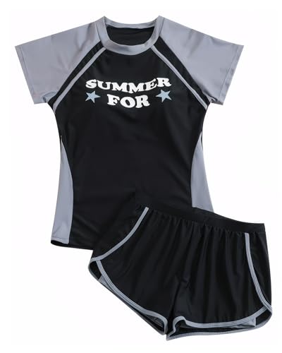 Image of SEAUR Girls Rash Guard Swimsuit Short Sleeve Swim Top and Shorts Kids 2 Piece Bathing Suit Sun Protection Beach Swimwear