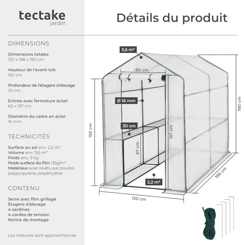 tectake® Serre de Jardin en Acier Thermo-Laqué & Plastique Anti UV avec 4 Grilles métal pour Potager Exterieur Serre de Jardin pour Hivernage Tente Abri pour Les Plantes Serre à semis - 186x120x190cm – vue 6