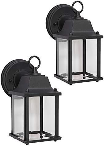 CORAMDEO Outdoor 2 Pack LED Wall Sconce Light for Porch, Patio, Barn and More, Wet Location, Built in LED Gives 75W of Light, 800 Lumens, 3K, Durable Cast Aluminum with Black Finish & Beveled Glass