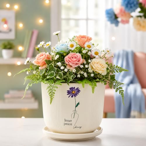 Image of Xtore Serene Floral Ceramic Planter with Saucer for Home & Office Decor | Ribbed Flower Pot with Botanical Artwork for Living Room, Bedroom, Balcony, Desk, Shelf & Window Styling (Off-White)