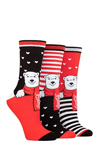 Coca-Cola Femme Ours polaire Chaussettes en coton Paquet de 3 Noir/Blanc/Rouge 37-42