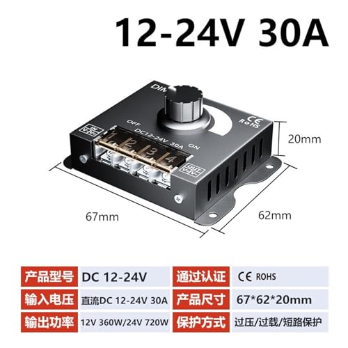 Ajuste de brillo LED 30A con perilla PWM de 12V-24V 3