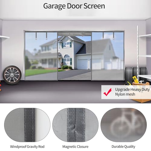 Image of Garage Door Screen for 2 Car Garage,16X7Ft Heavy Duty Magnetic Garage Screen,Durable Nylon Screen Door Mesh,Tear-Resistant, Pet and Kid Friendly Door Screen,Silver Grey