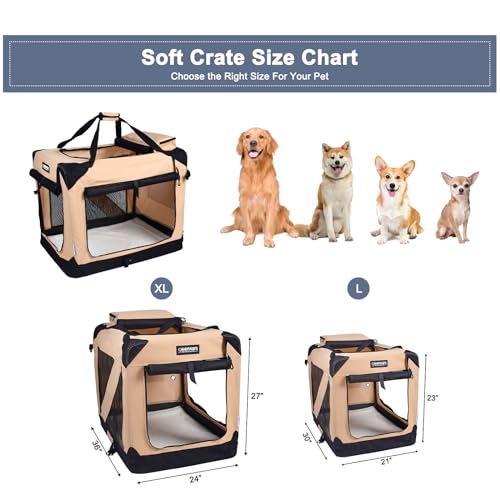 JESPET 36'' Soft Dog Crates Kennel for Pets, 3 Door Soft Sided Folding Travel Pet Carrier with Straps and Fleece Mat for Dogs, Cats, Rabbits, Grey Blue & Beige (36" L x 24" W x 27" H, Beige)