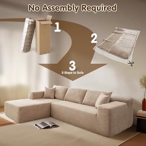 ovios 104" Cloud Boneless Couch with L-Shape Chaise,Modern Sectional Modular Sofa with Deep Seat, Upholstered Couches for Living Room Bedroom,No Assembly Required, Camel (Corduroy Fabric) - 3