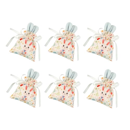 Pack of 6 Rabbits Themed Drawstring Bags for Chocolate Candy Party Decoration Gift Wrapping Organization Pouches Gift Bag