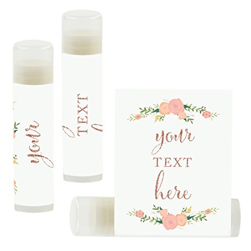 Andaz Press Personalized Lip Balm Party Favors, Faux Rose Gold Glitter Print with Florals, Your Text Here, 12-Pack, Custom