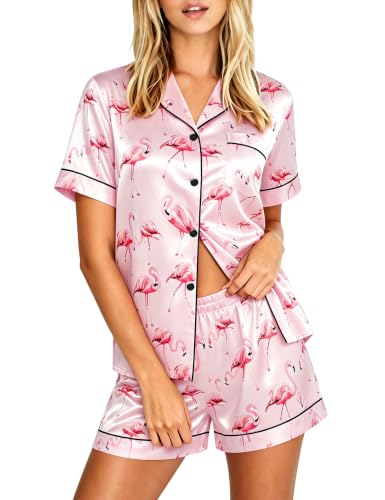 Image of LecGee Womens Silk Satin Pajamas Short Sleeve Loungewear Two-Piece Sleepwear Button-Down Pj Set