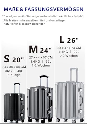 yuweijie Alu-Rahmen Handgepäck Koffer mit 4 Rollen · Hartschalen in 100% PC mit Getränkehalter · Reisekoffer TSA Schloss · Trolley für Geschäftsreisen · Silber · S-55cm
