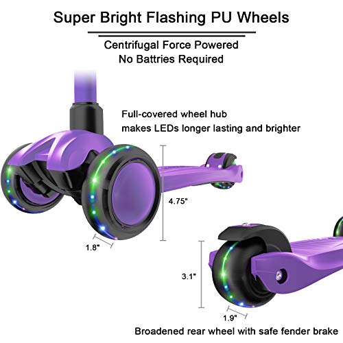 Image of Allek Kick Scooter B03, Lean 'N Glide 3-Wheeled Push Scooter with Extra Wide PU Light-Up Wheels, Any Height Adjustable Handlebar and Strong Thick Deck for Children from 3-12yrs (Purple)