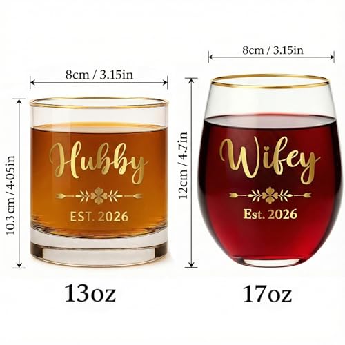 iematoz 2026 Wedding Gift for Couple, Hubby and Wifey Glass Set - 13oz Whiskey & 17oz Stemless Wine Glass with Real Gold Rim and Fired Decal - Elegant Engagement, Anniversary Present for Him and Her by iematoz - Used condition - Image 4