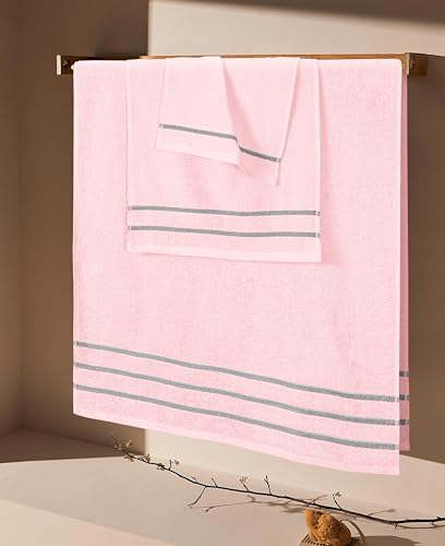 MyOwn Ultra Soft 3 Pack Cotton Towel Set, Contains a Bath Towel 28x55 inch, a Hand Towel 16x24 inch & Wash Coth 12x12 inch, Ideal Everyday use, Compact & Lightweight - Pink, 71686