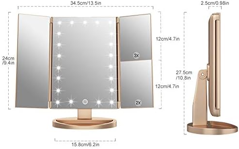 WEILY Lusterko do makijażu z powiększeniem 1x, 2x i 3x, z 21 diodami LED i ekranem dotykowym, regulowane podświetlane trzypanelowe lustro na toaletkę, nablatowe lusterko kosmetyczne (złote)