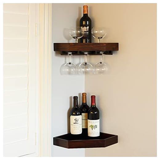 WELLAND Wall Mounted Corner Wine Rack -2 Pack Wooden Rustic Floating Corner Wine Holder with 6-7 Glass Slot Holder